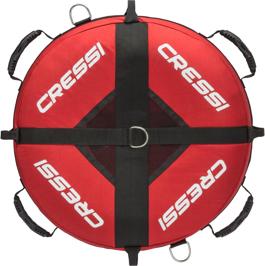 Cressi Freediving Training Buoy with zipper pocket, handles, and diving flag.