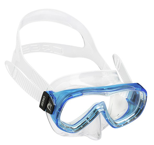 Cressi Piumetta Kid Mask with clear and blue frame, designed for children's optimum fit and visibility.