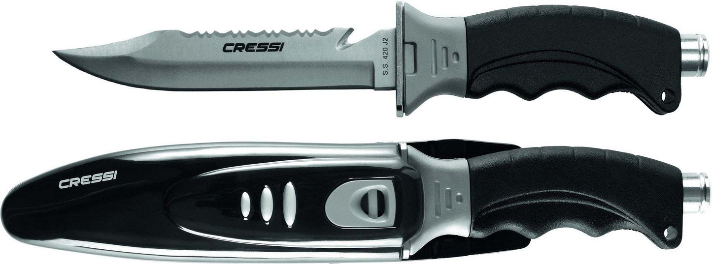 Cressi Borg Point Tip Knife with sheath and serrated-edge blade.