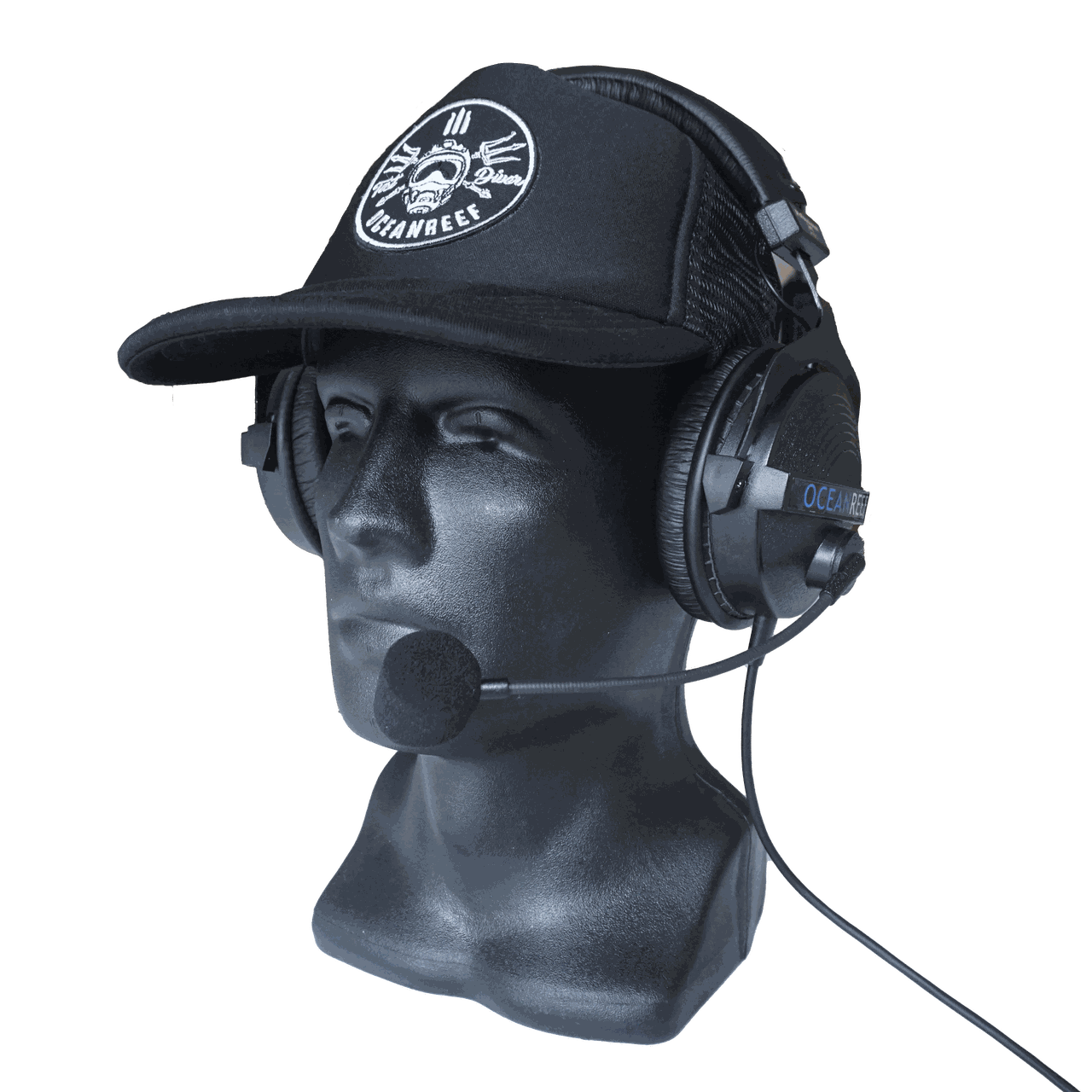 Ocean Reef Professional Headset with microphone on mannequin, featuring noise isolation and clear voice transmission.