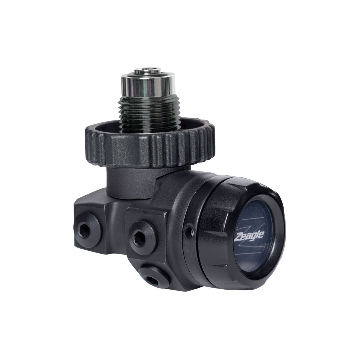 Zeagle F8 first stage dive regulator with DIN connection and black chrome finish