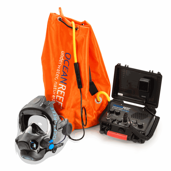 Ocean Reef Alpha Pro X-Divers communication system with headset, surface unit, and orange storage bag.