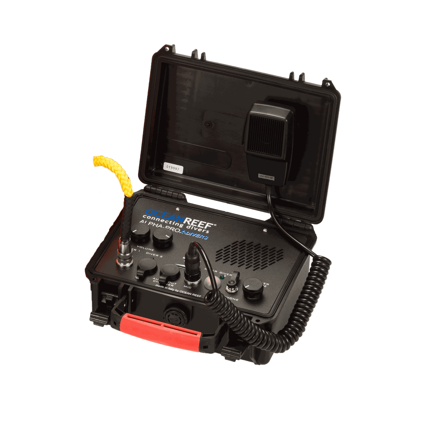 Ocean Reef Alpha Pro X-Divers Surface Unit, hardwired full duplex communication system for professional divers, featuring dual cable ports, adjustable volume, and incorporated speaker.