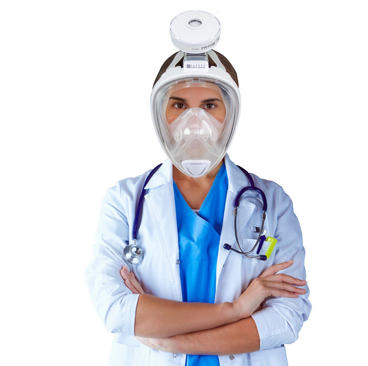 Ocean Reef ARIA 19 KIT face shield with air filtration system worn by a healthcare professional.