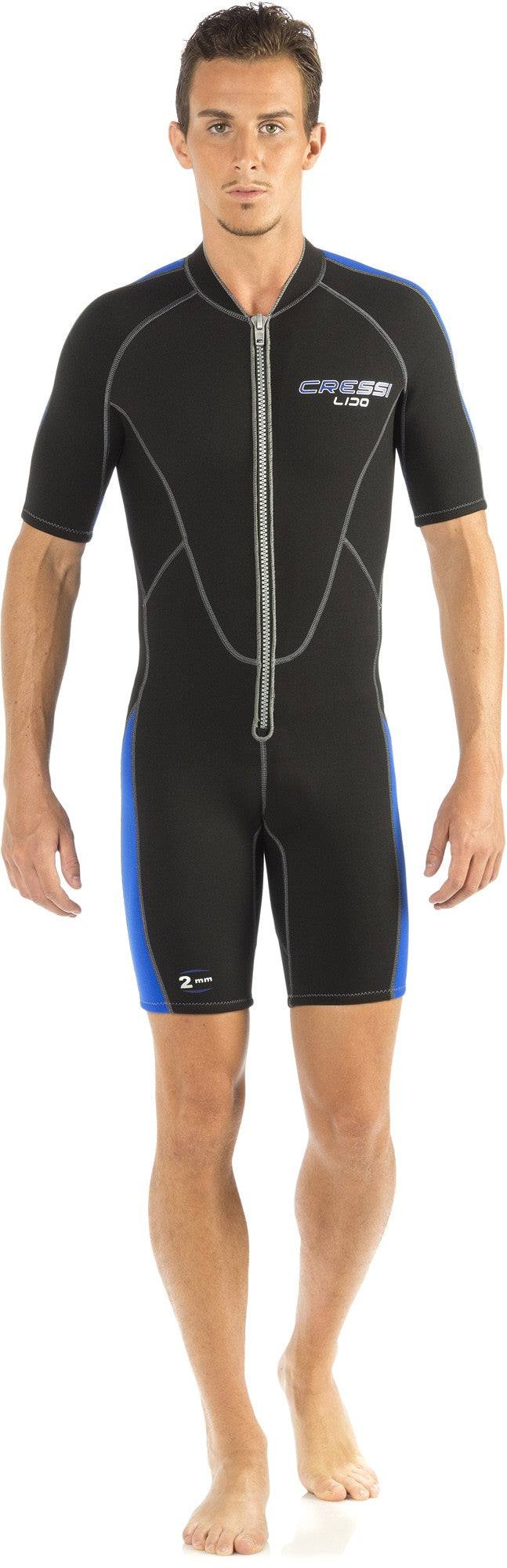 Cressi 2mm Lido Short Man Wetsuit with front zip, black and blue design.