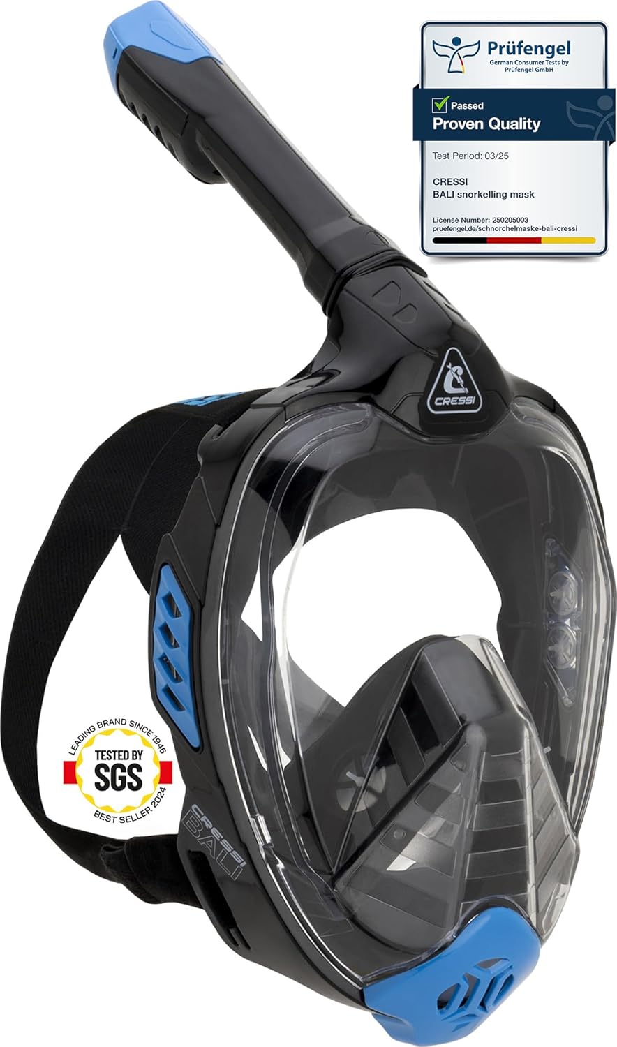 Cressi Bali Full Face Snorkelling Mask - Black/Blue / Small/Medium - Scuba Mask