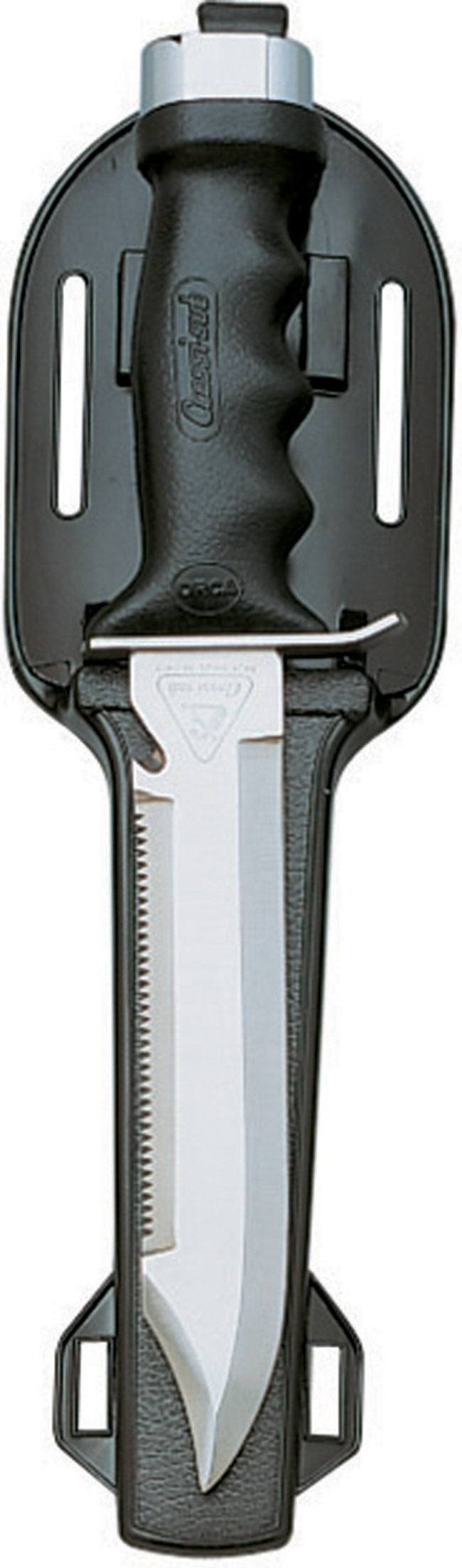 Cressi Finisher Knife with double-edged blade in sheath, designed for underwater fishing.
