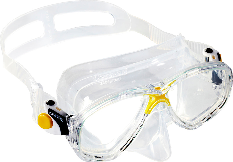 Cressi Marea Mask with clear silicone strap; features pivoting buckles for snorkeling and diving.