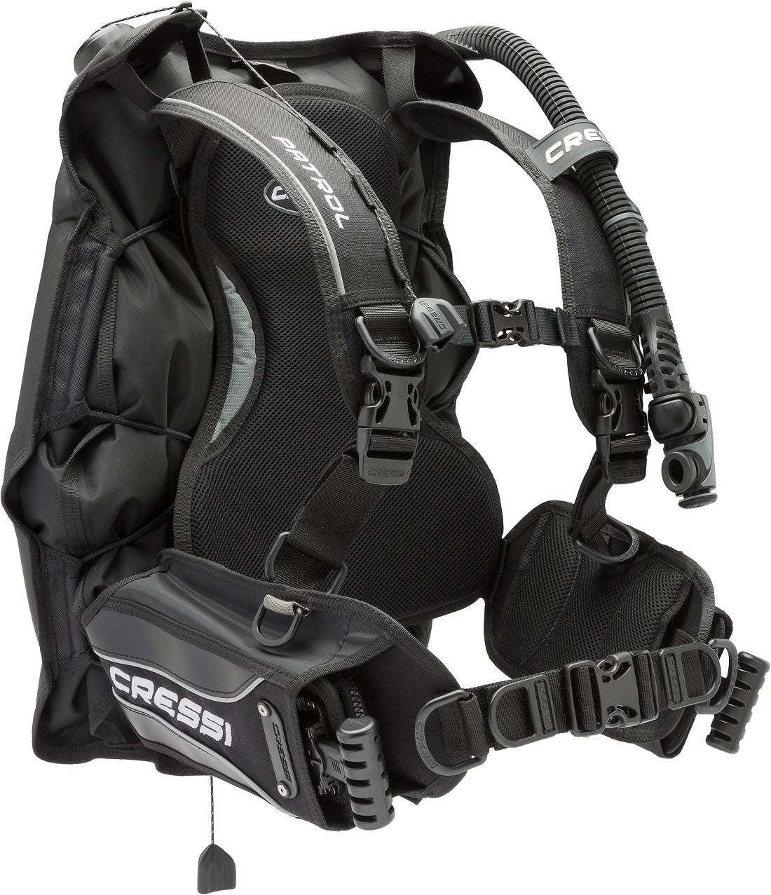 Cressi Patrol BCD, lightweight rear inflation BC with adjustable harness and flat-lock-aid weight system.