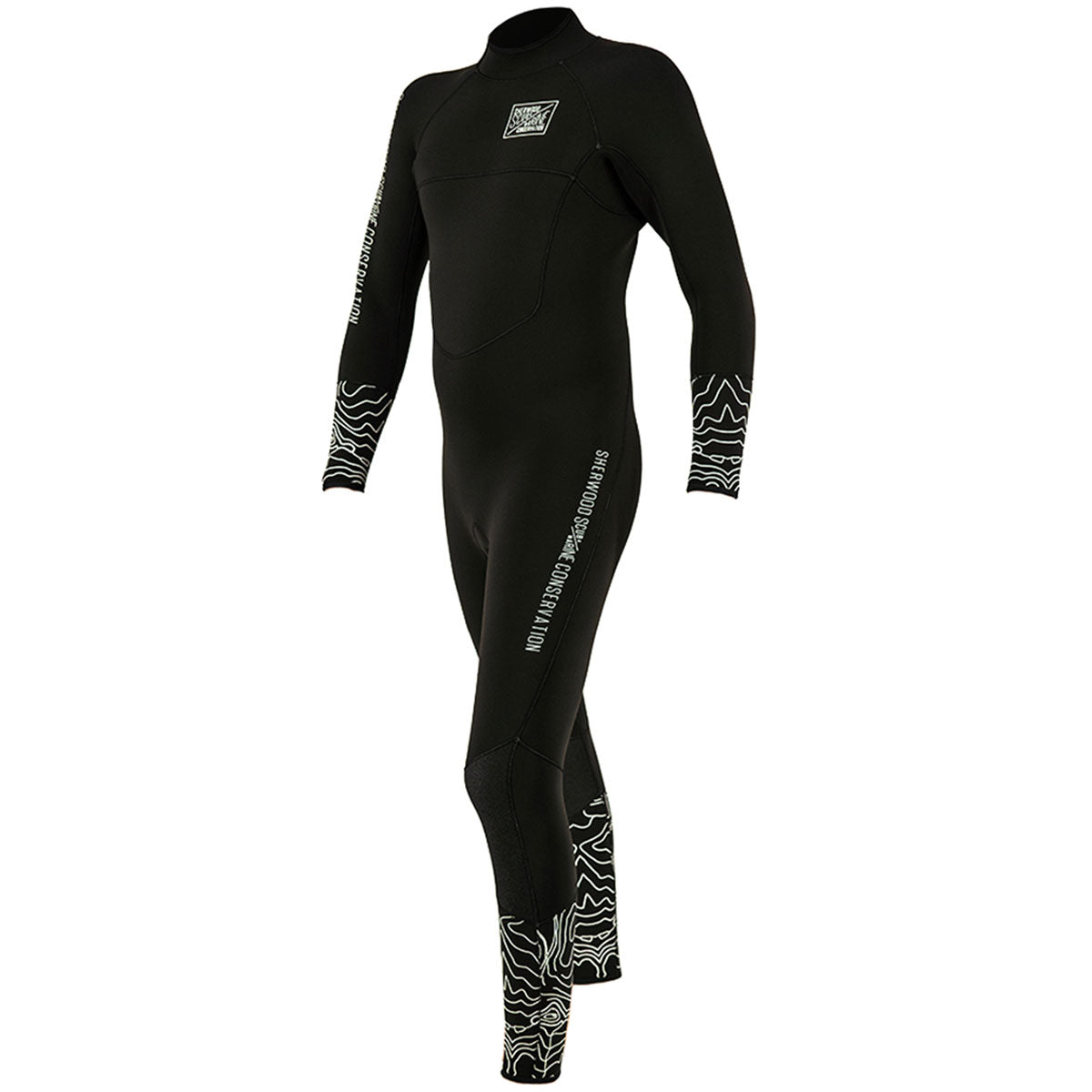 Sherwood 5mm Marine Conservation wetsuit for men in black with white marine graphics and back zipper