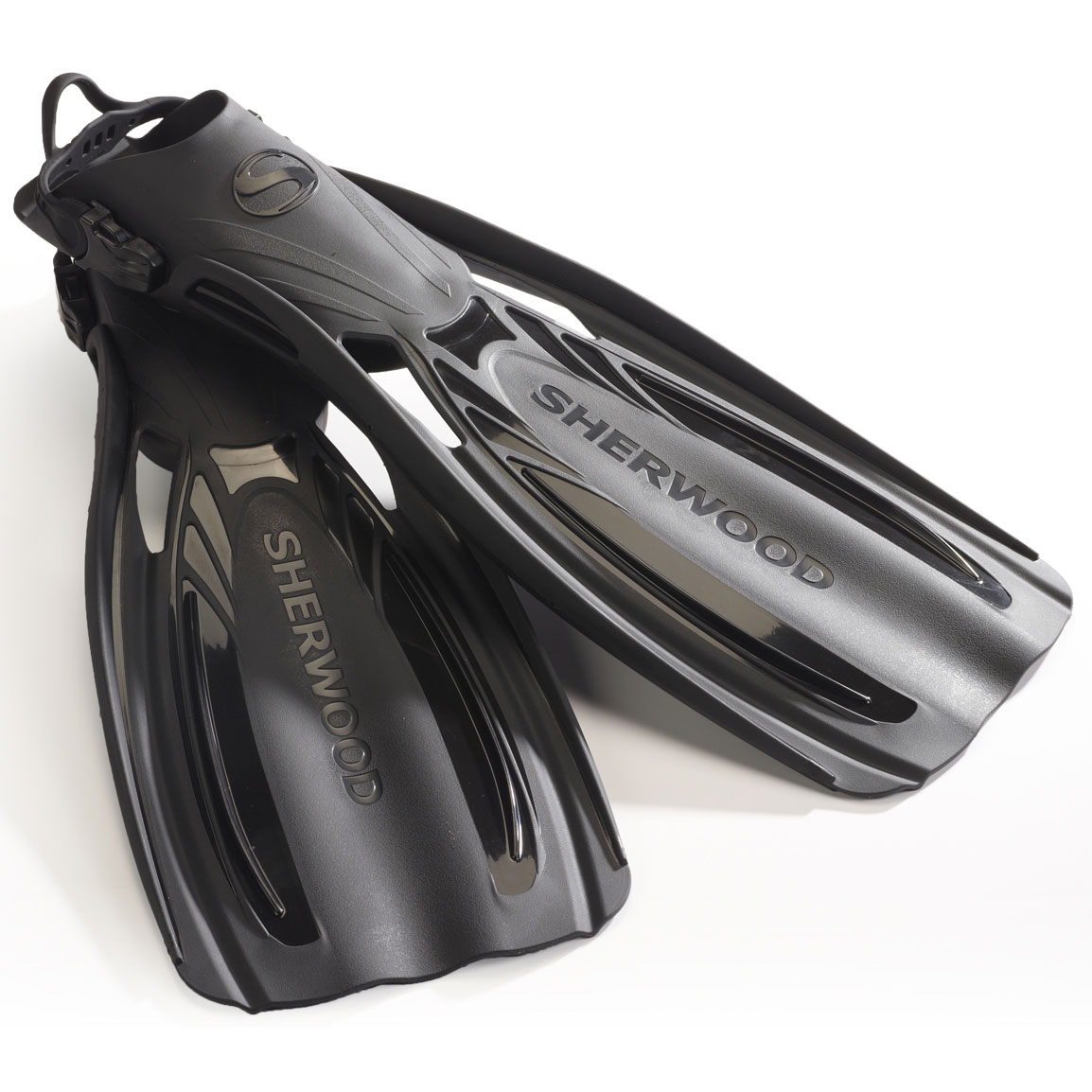 Sherwood Elite Fins lightweight dual-composite scuba diving fins with silicone heel strap and power rails in black and steel blue colors