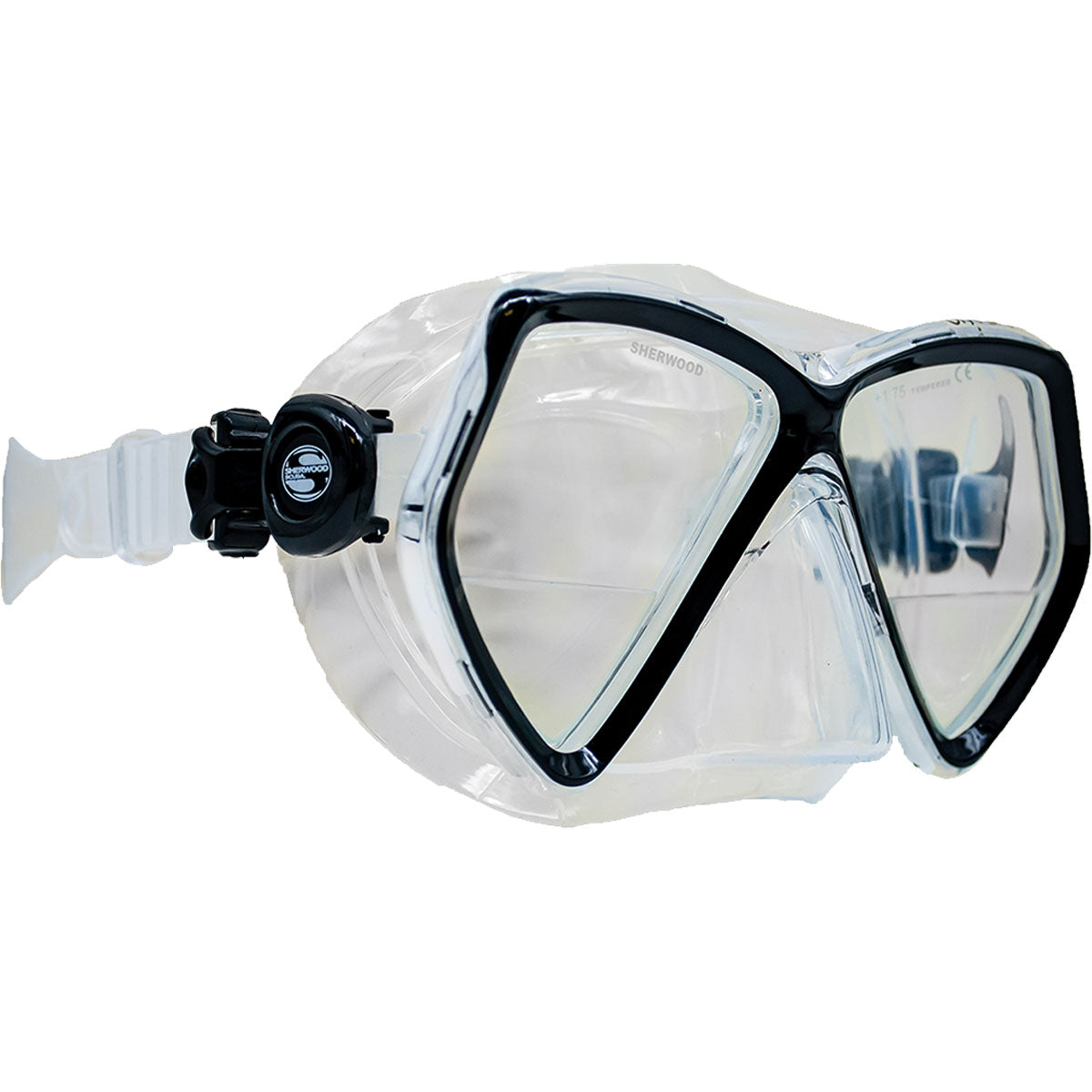 Sherwood Oracle+ gauge reader diving mask with +1.75 diopter lenses and tempered glass.