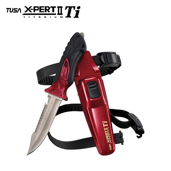 Tusa FK-940TI X-Pert II titanium knife with serrated edge and adjustable sheath in metallic red