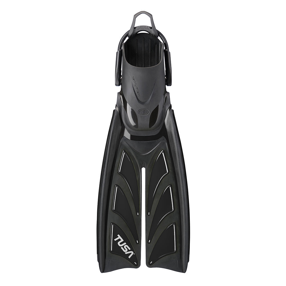 Tusa SF0111 HyFlex Zoom Fins black split fins with six-gill blade and adjustable bungee strap for scuba diving and snorkeling.