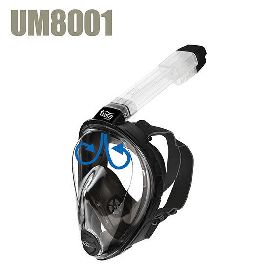 Tusa Sports UM8001 full-face snorkeling mask with dry snorkel and anti-fog technology in black.