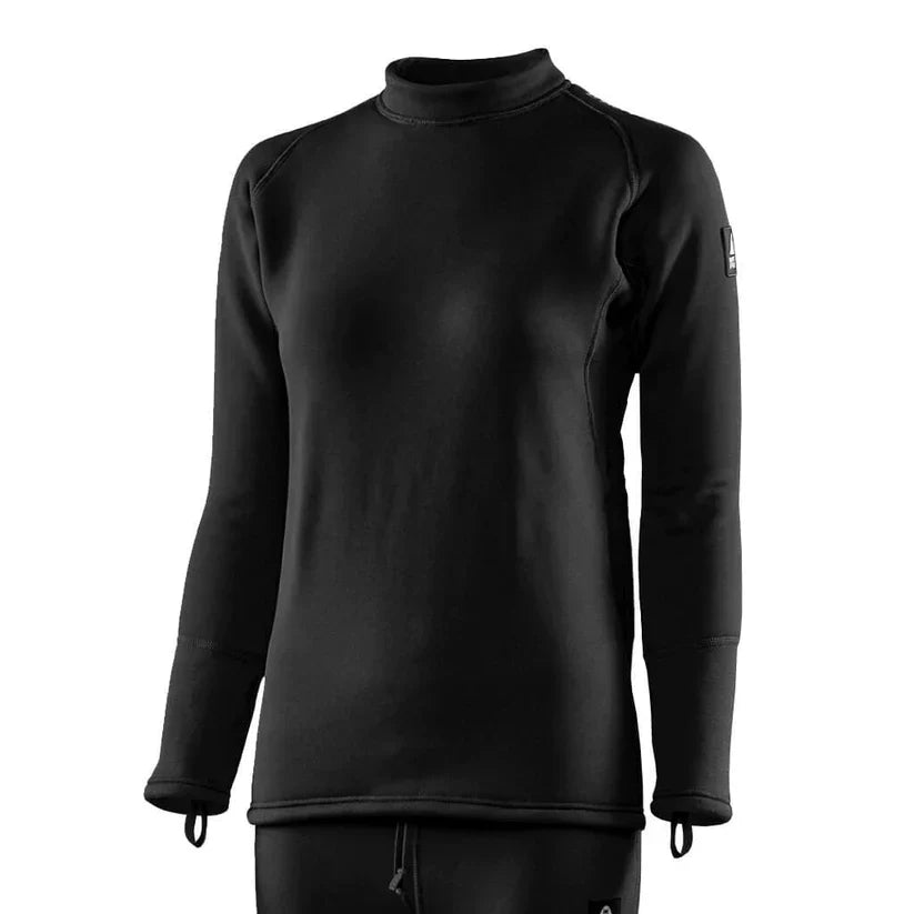 Ladies Waterproof Body 2X Undersuit Top in black with thumb loops and extended tail for thermal protection and comfort