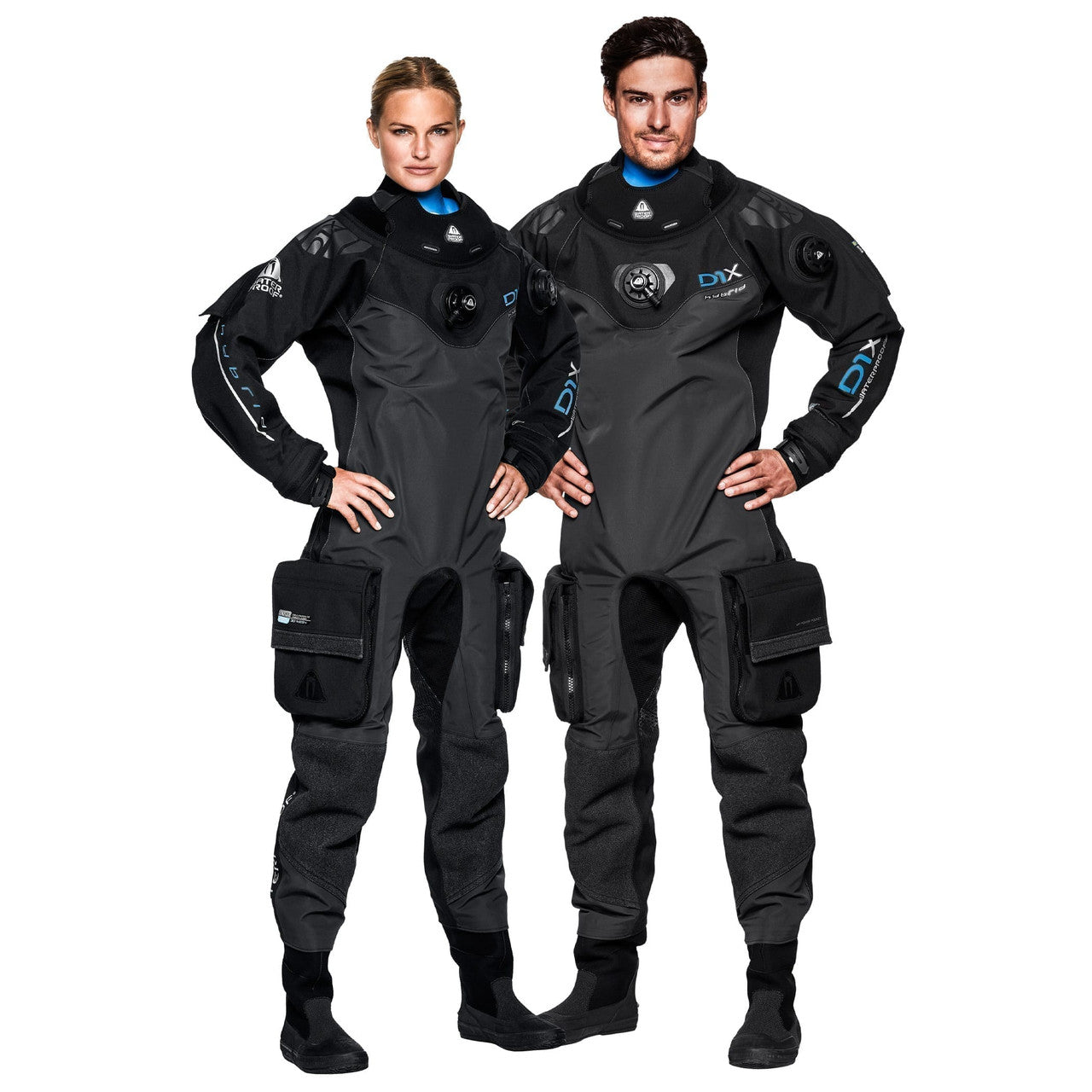 Men's and women's Waterproof D7X Nylotech Dry suits in black with anatomical fit and durable reinforced areas designed for advanced diving.