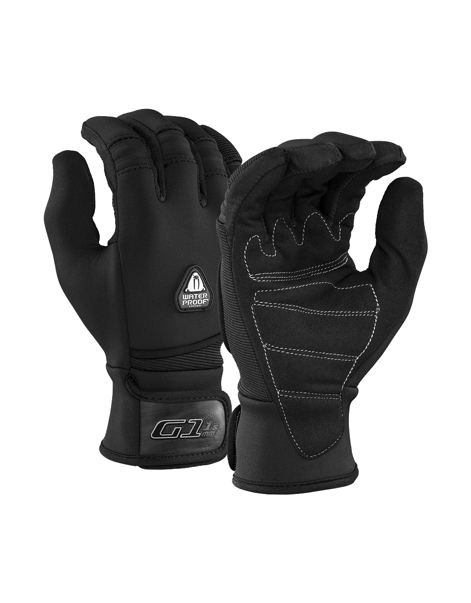 Waterproof G2 1.5mm black neoprene 5 finger diving gloves with Amara leather palm and Velcro closure