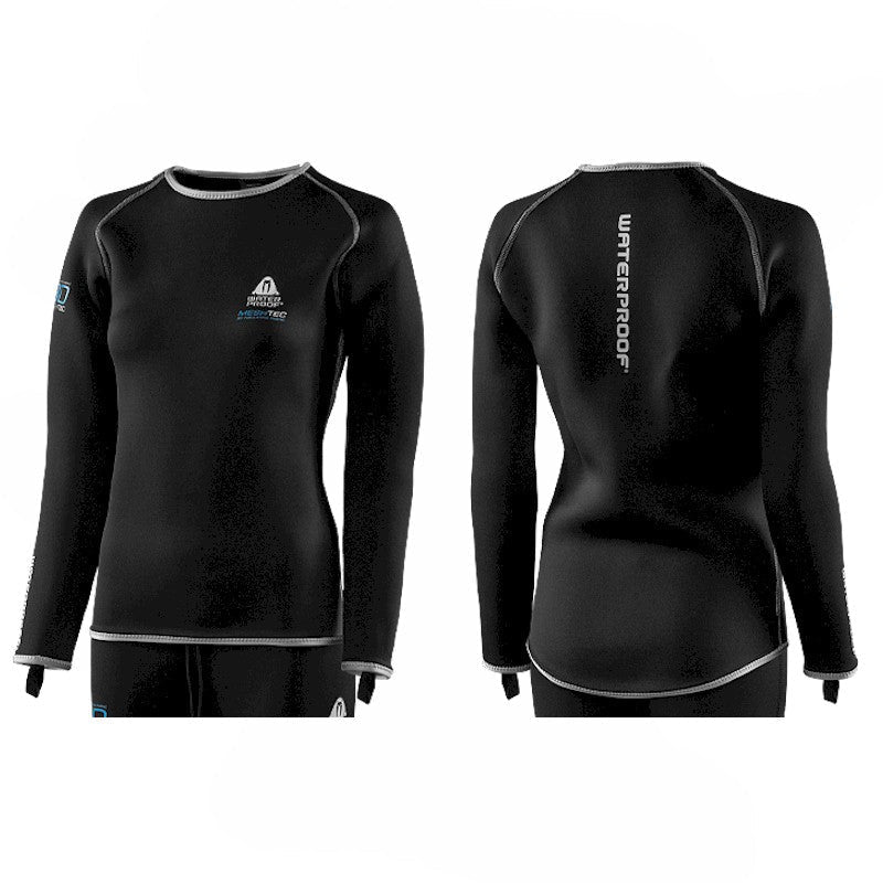 Waterproof Meshtec 3D Undergarment top for women with long tail and thumb loops, designed for warm, dry diving.