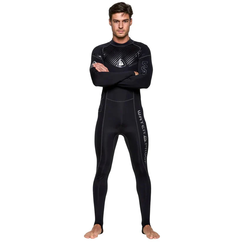 Men wearing black Waterproof Neoskin 1mm wetsuit with full body coverage and central back zipper