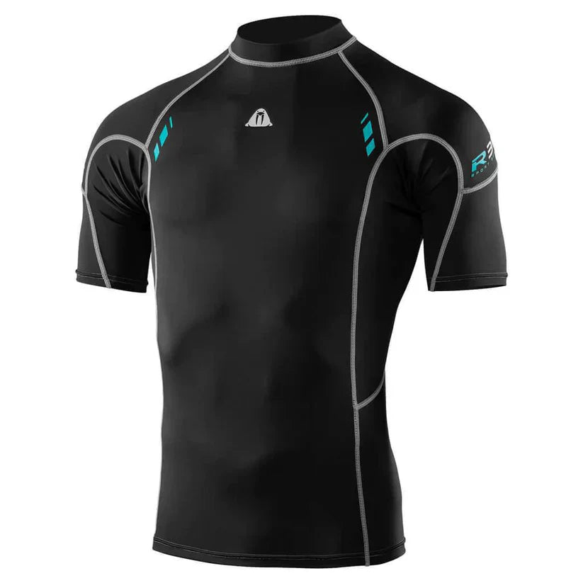 Waterproof R30 short sleeved rash guard for men with 50+ UPF protection and flexible Lycra spandex fabric
