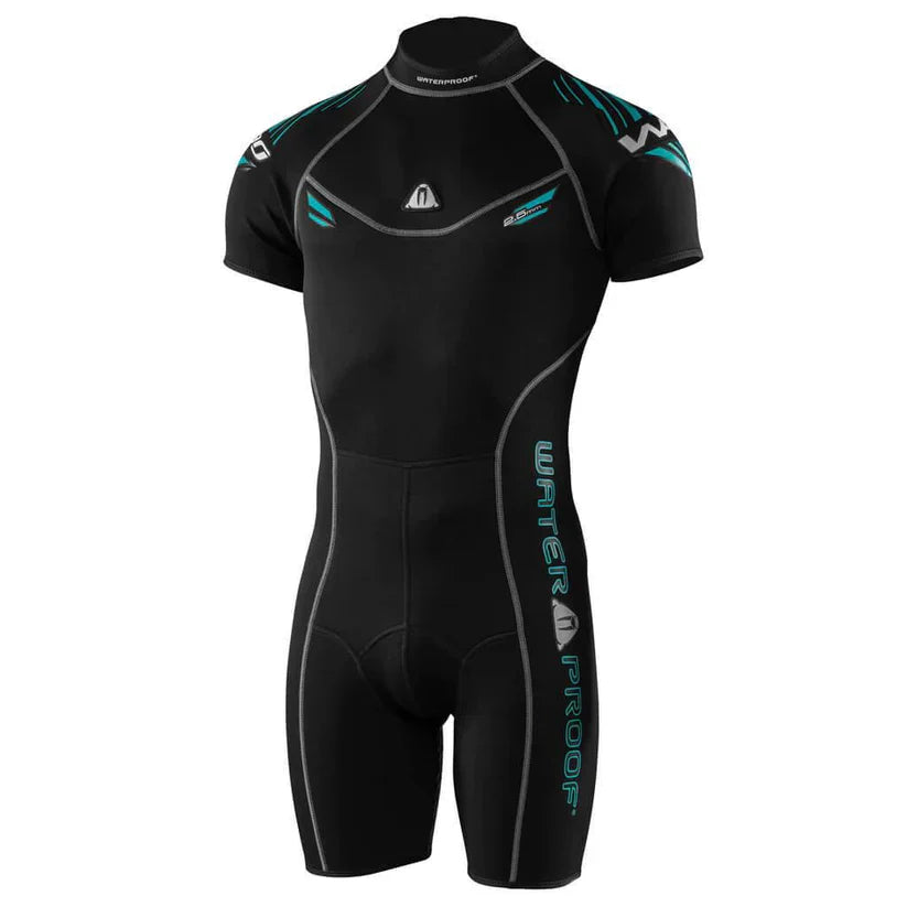 Waterproof W30 2.5mm Shorty Wetsuit for men in black with turquoise accents and back zipper