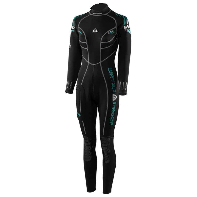 Waterproof W30 2.5mm ladies wetsuit in black with blue accents, featuring ergonomic fit, reinforced knees, back zipper, and non-slip seat.