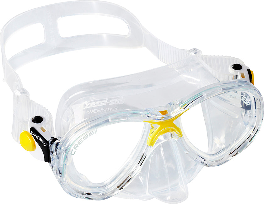 Cressi Marea Junior full face mask with dual tempered glass lenses and soft silicone skirt for diving and snorkeling.