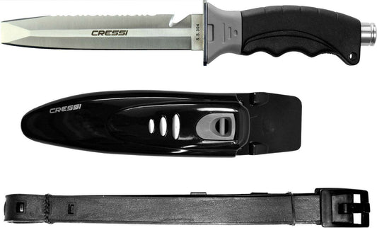 Cressi Borg Blunt Tip Knife with sheath and locking mechanism, ergonomic handle.