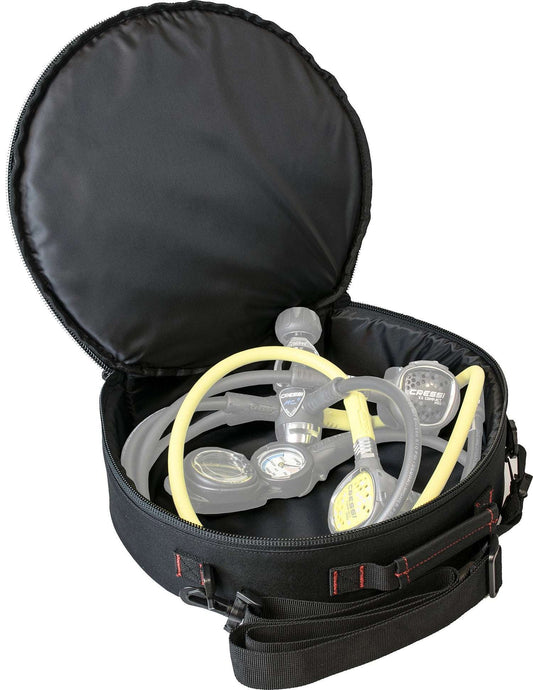 Cressi 360 Regulator Bag with scuba diving equipment inside, adjustable shoulder strap, black nylon, foam lining, YKK zip closure.
