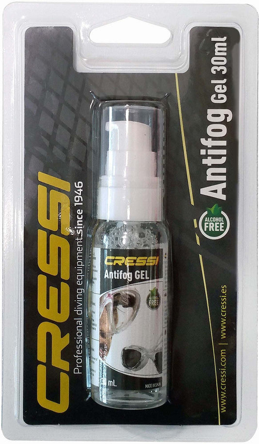 Cressi Anti-fog Gel 30ml in packaging, designed for diving and swimming goggles, alcohol-free.