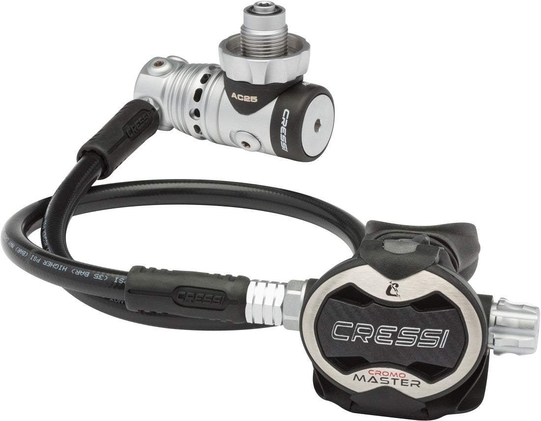 Cressi AC25m Master Cromo Regulator with adjustable balanced piston, 360° rotating head, and Safeflex hose.
