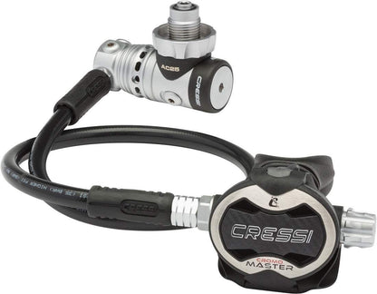 Cressi AC25m Master Cromo Regulator with adjustable balanced piston, 360° rotating head, and Safeflex hose.