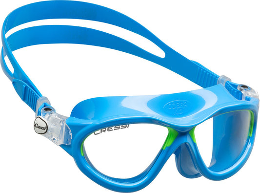 Cressi Mini Cobra Swim Mask for kids, blue silicone with adjustable strap, shatterproof anti-fog lenses.