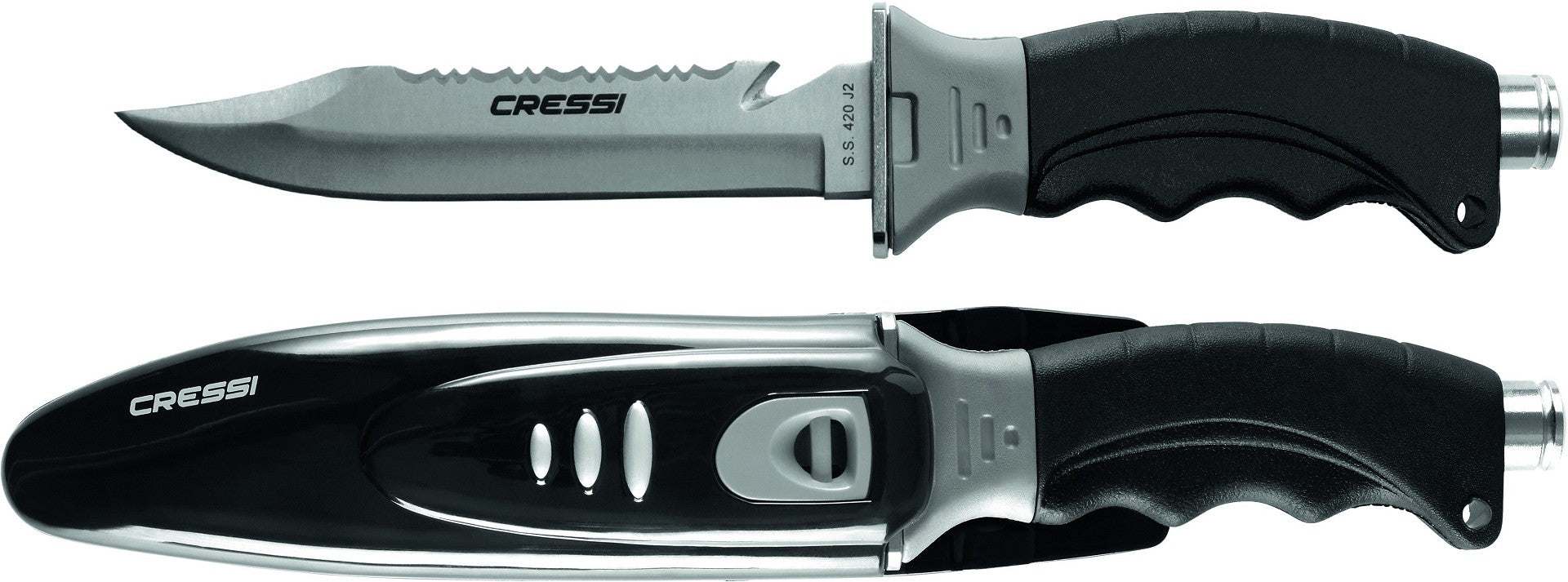 Cressi Borg Point Tip Knife with tempered AISI 420 steel blade, serrated edge, and secure grip handle alongside polymer sheath.
