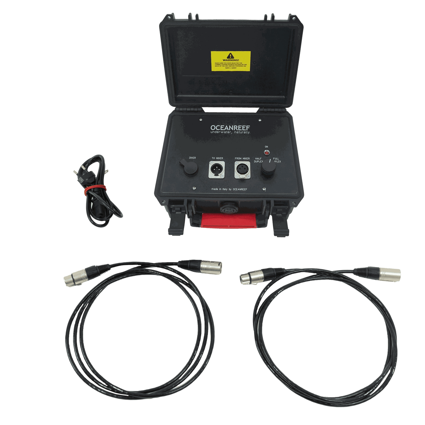 Ocean Reef AQUARIST underwater communication system with cables and connectors for aquarium presentations.