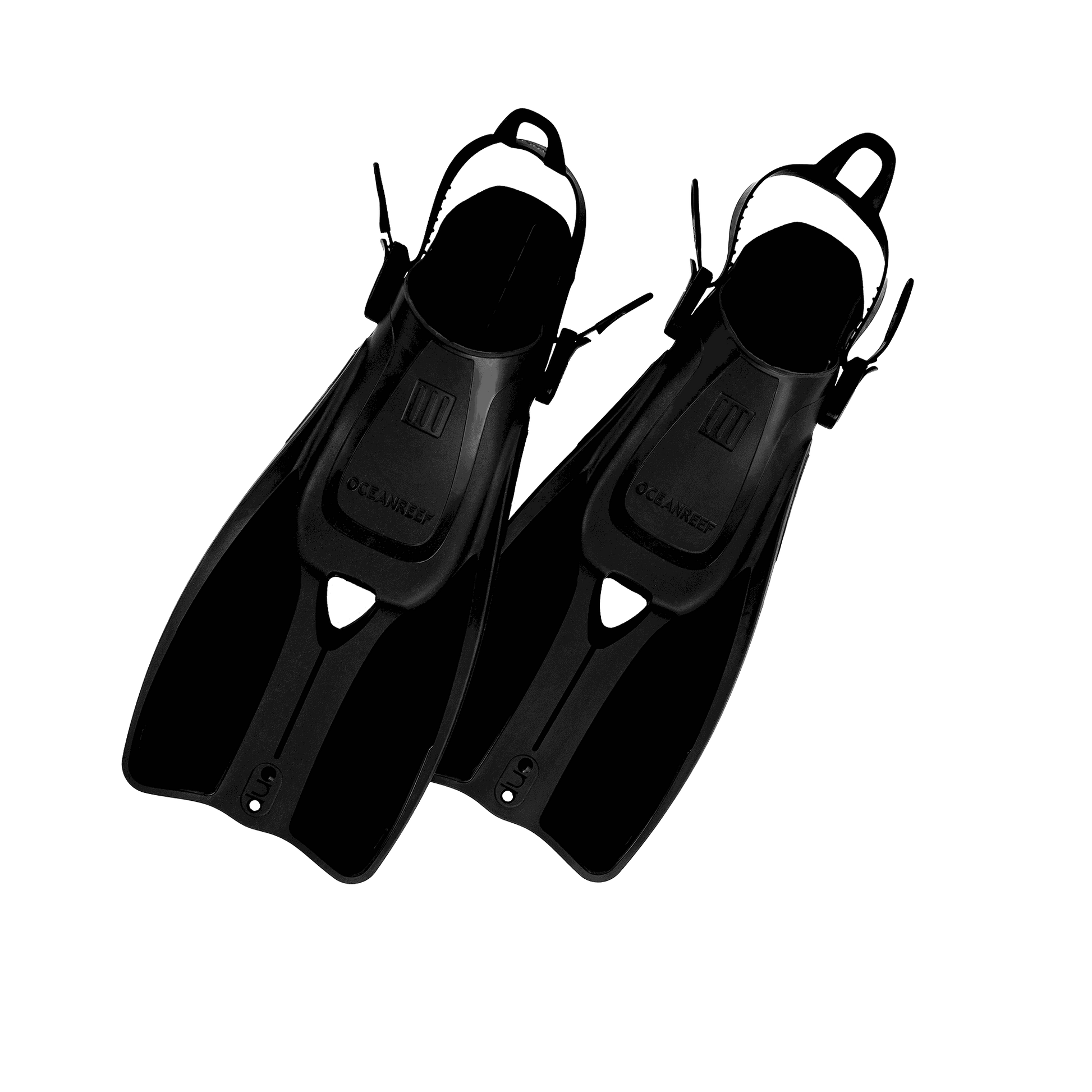 Ocean Reef DUO II snorkeling fins, compact and travel-ready with silicone foot pocket, unisex, black.