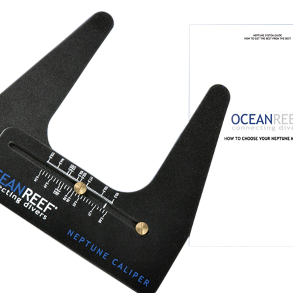 Ocean Reef Mask Measuring Kit with caliper and size recommendation chart.