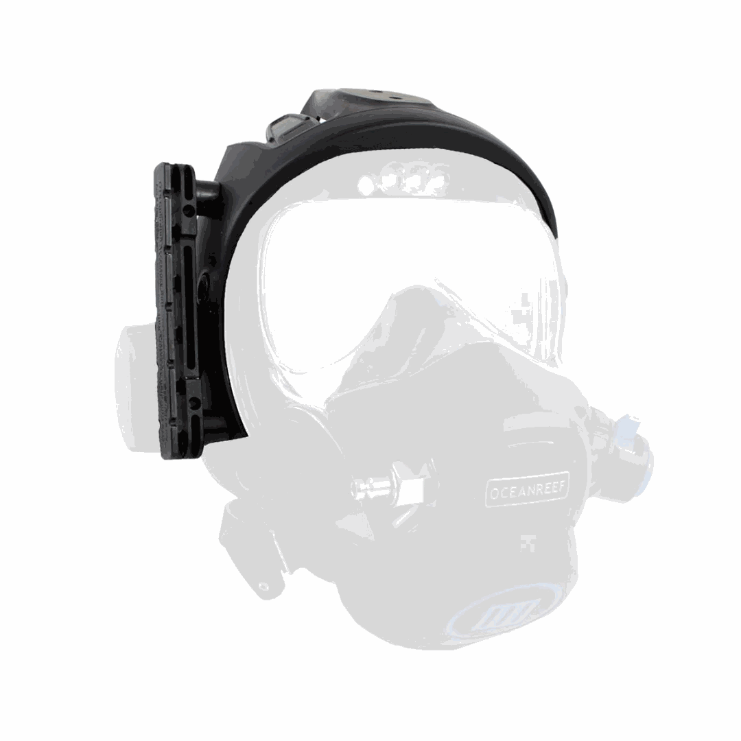 Ocean Reef Professional Accessories Mount Kit on full face mask with rail system for underwater devices.