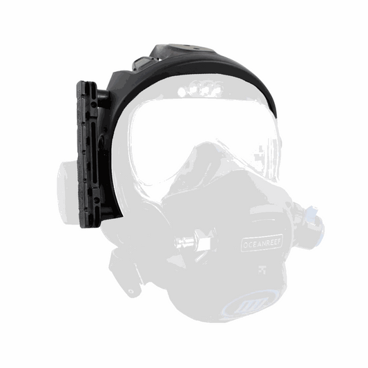 Ocean Reef Professional Accessories Mount Kit on full face mask with rail system for underwater devices.