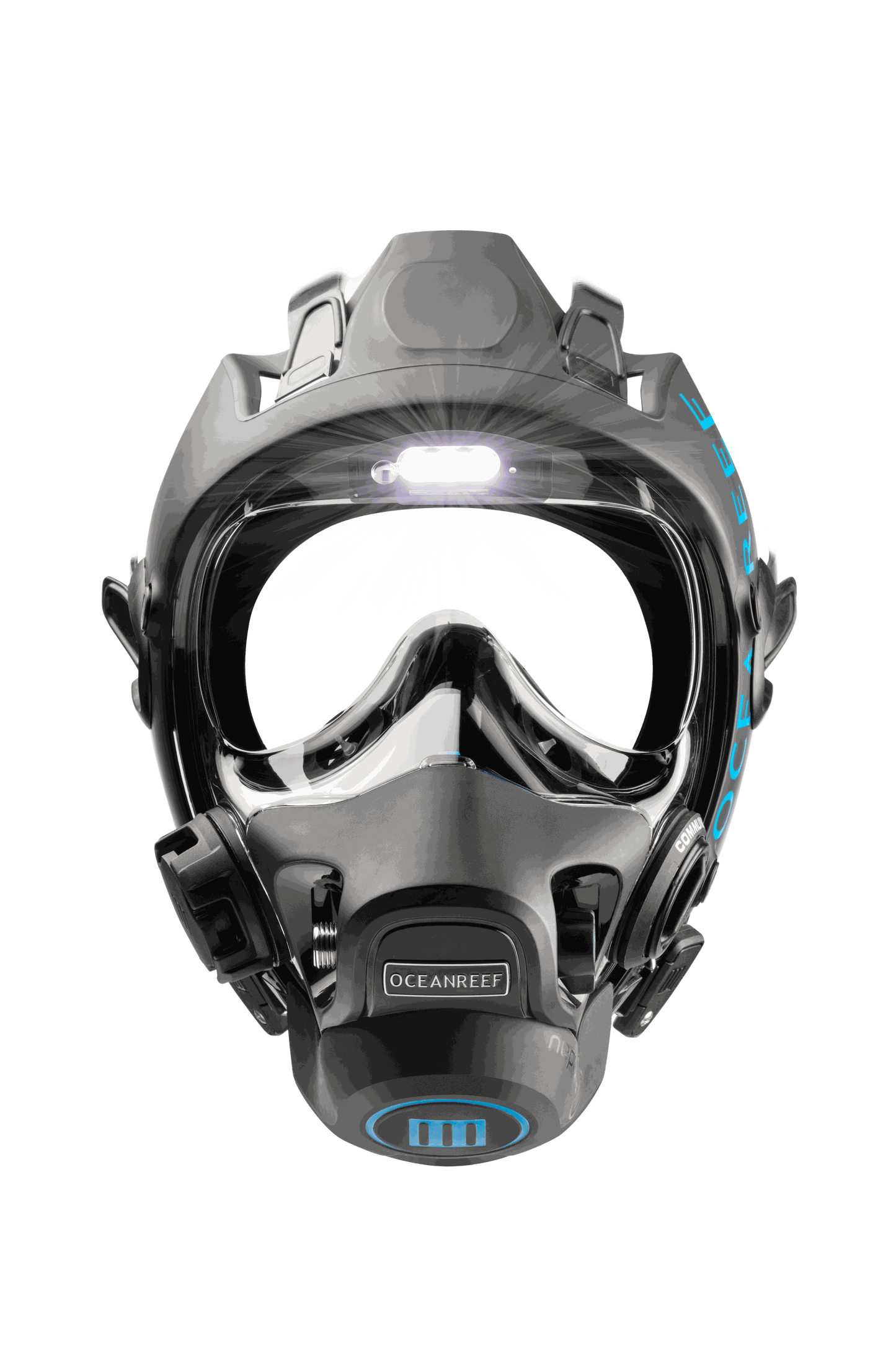 Ocean Reef Vesper integrated headlight on diving mask, compact and lightweight for enhanced visibility.