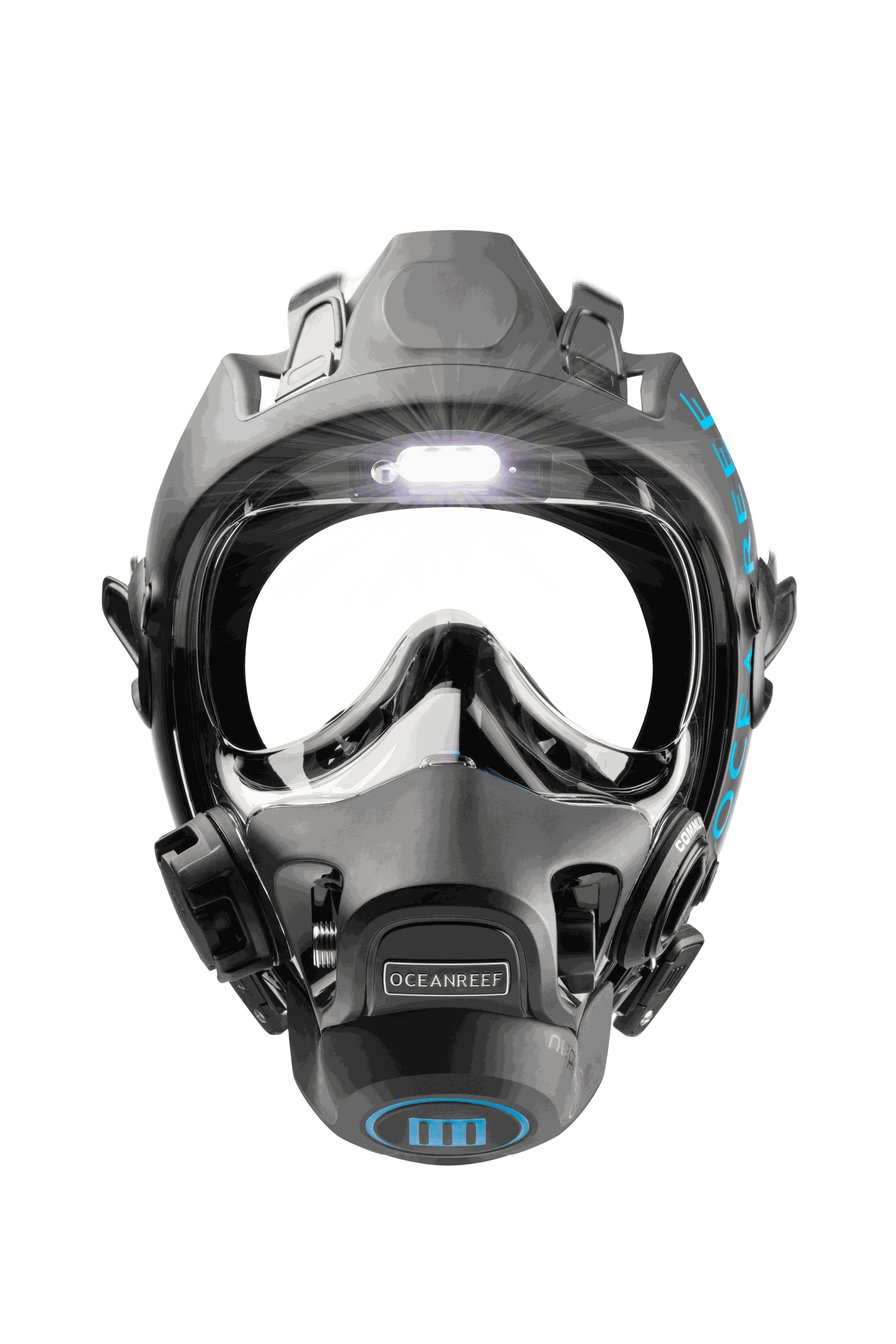 Ocean Reef Vesper integrated headlight on diving mask, compact and lightweight for enhanced visibility.