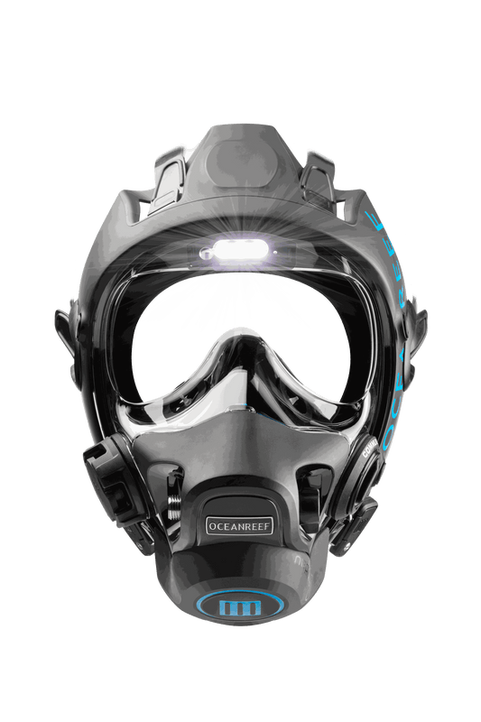 Ocean Reef Vesper integrated headlight on diving mask, compact and lightweight for enhanced visibility.