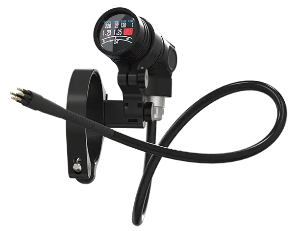 Black digital dive computer with circular display and attached cable