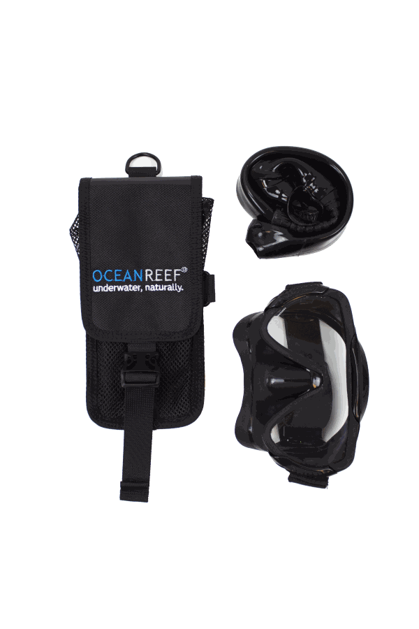 Ocean Reef BUMP backup mask and snorkel package with pouch in matte and shiny black.