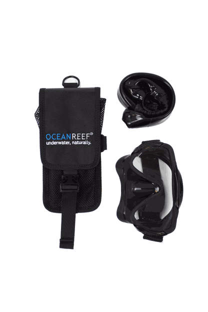 Ocean Reef BUMP backup mask and snorkel package with pouch in matte and shiny black.