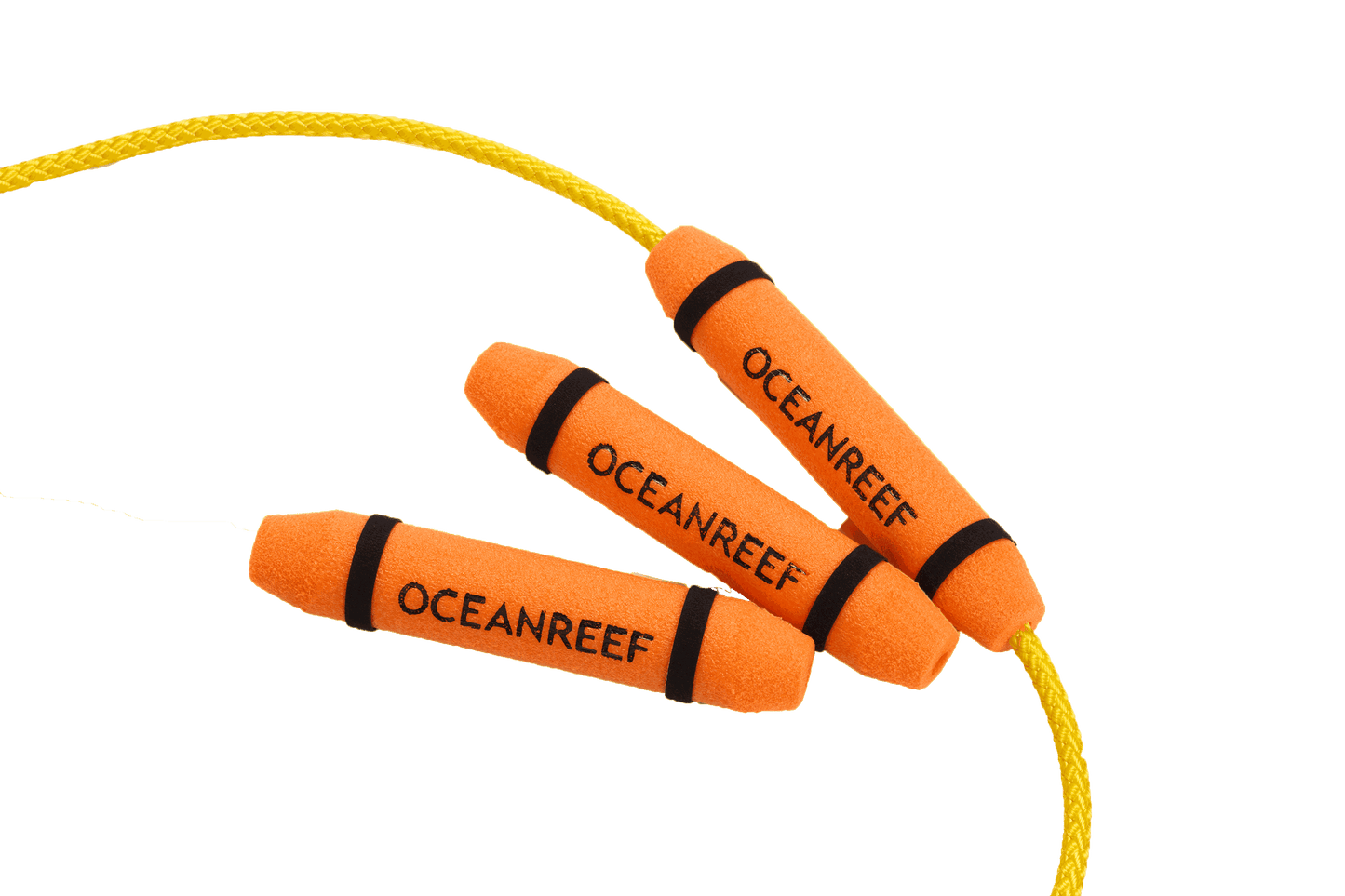 Ocean Reef Cable Floater with orange foam floats and Velcro straps on a yellow cable.