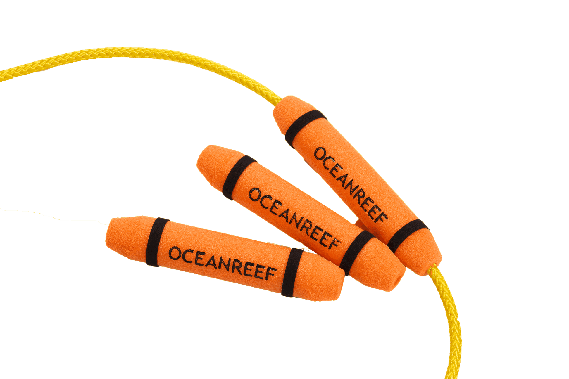 Ocean Reef Cable Floater with orange foam floats and Velcro straps on a yellow cable.
