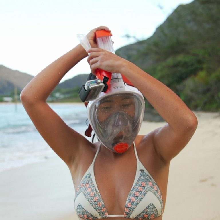 Ocean Reef Accessory Holder with Camera Support on snorkel mask for beach snorkeling.