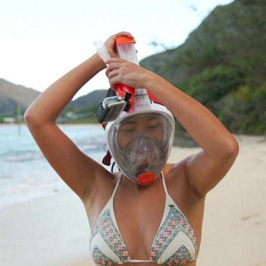 Ocean Reef Accessory Holder with Camera Support on snorkel mask for beach snorkeling.